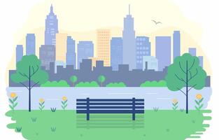 Flat Design Illustration of Bench in City Park with Cityscape in Bright Day vector