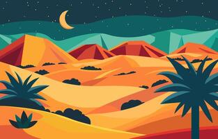 Flat Design Illustration of Dunes in Arabian Desert with Crescent Moon at Night vector