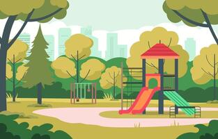 Vector Design of Slide in City Park with Trees and Cityscape in Bright Day