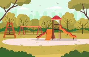 Vector Design of Slide in City Park with Green Plants Trees in Bright Day