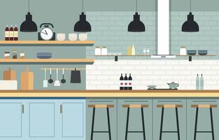 Flat Design of Kitchen in Restaurant with Kitchen Utensils and Customer Chairs vector