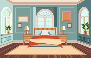 Flat Design of Bedroom with Bed Furniture Window in Fancy House vector