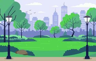 Vector Design of Green Trees in City Park with Cityscape Building in Bright Day