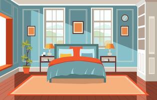 Flat Design of Bedroom with Bed Furniture Window in Fancy House vector