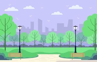 Vector Design of Nature Landscape of Green Trees with Bench in City Park