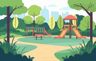 Vector Design of Slide in Playground with Green Plants Trees in City Park