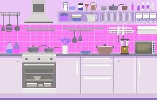 Flat Design of Modern Kitchen Interior in Restaurant with Storage Shelves and Stove vector