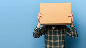 AI generated Unboxing the Possibilities, Young Man Hiding Behind a Large Delivery Cardboard Box, Generative AI photo