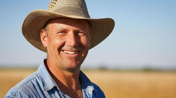 ai generado nutriendo el tierra, cosecha experiencia, mayor granjero en pie en el campo, generativo ai foto