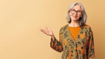 AI generated Aged and Content, Smiling Mature Woman Presenting Empty Space Next to Her, Generative AI photo