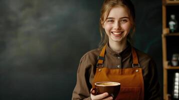 AI generated Fueling Your Day, Young Female Barista Serving a Perfectly Brewed Hot Cup of Coffee, Generative AI photo