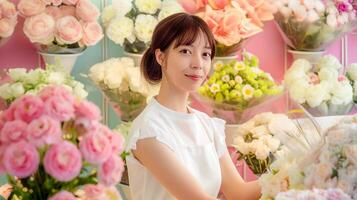 AI generated In Full Bloom, Woman Florist Inside a Flower Shop Working Among Colorful Flowers, Generative AI photo