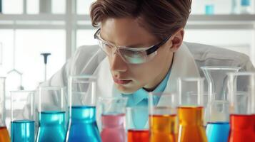 AI generated Mixing it Up, A Young Male Scientist or Chemists with Colorful Test Tubes, Laboratory Research, Generative AI photo