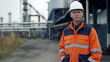 ai generado alto estándares, la seguridad primero, fábrica mantenimiento ingeniero vistiendo uniforme y difícil sombrero, generativo ai foto