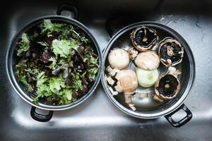 shiitake mushroom and lettuce or cleaning vegetble for cook photo