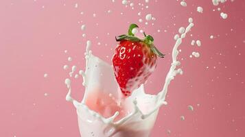 AI generated strawberry with a splash of pink milk cream on a pink background, copy space photo