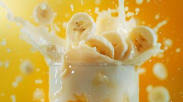 AI generated splash of milkshake with exploding banana slices amid milk splashes photo