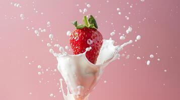 ai generado fresa con un chapoteo de rosado Leche crema en un rosado fondo, Copiar espacio foto