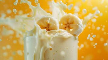 AI generated splash of milkshake with exploding banana slices amid milk splashes photo