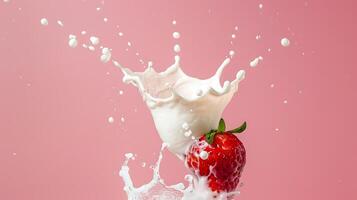 AI generated strawberry with a splash of pink milk cream on a pink background, copy space photo