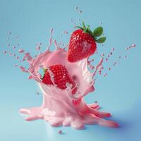 AI generated pink Milk splash with strawberries Isolated on blue background photo