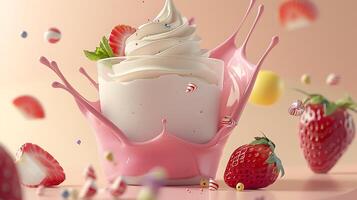 AI generated Strawberry milkshake, smoothie with whipped cream and strawberry on top. photo