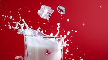 AI generated splashing milk of glass with red background, ice cube descending. photo