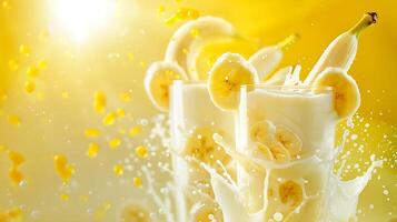 AI generated splash of milkshake with exploding banana slices amid milk splashes photo