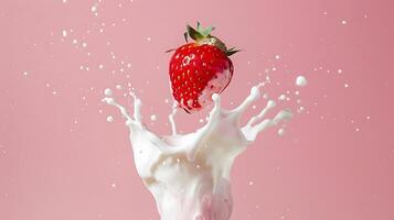 AI generated strawberry with a splash of pink milk cream on a pink background, copy space photo