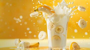 AI generated splash of milkshake with exploding banana slices amid milk splashes photo