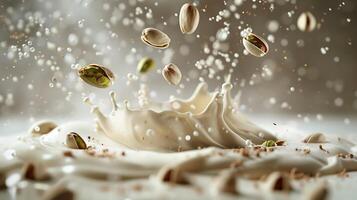 AI generated Pistachios falling into white milk on a light green background photo