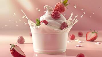 AI generated Strawberry milkshake, smoothie with whipped cream and strawberry on top. photo