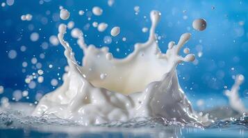AI generated milk Splash , on a blue background photo