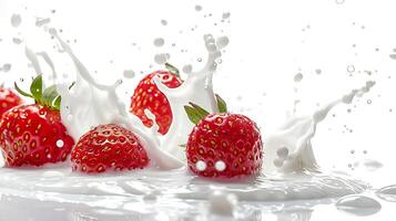 AI generated Milk splash with strawberries Isolated on white background photo