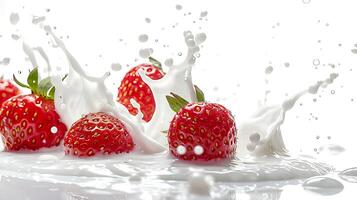 ai generado Leche chapoteo con fresas aislado en blanco antecedentes foto