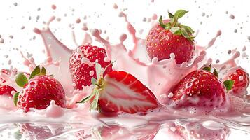 AI generated Milk splash with strawberries Isolated on white background photo