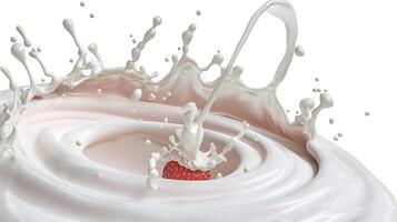 AI generated Milk splash with strawberries Isolated on white background photo