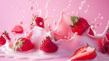 AI generated Milk splash with strawberries isolated on pink background photo