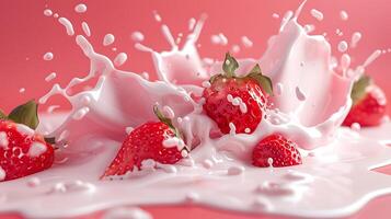 AI generated Milk splash with strawberries isolated on pink background photo