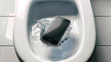 AI generated From Disaster to Recovery, Mobile Phone Floating after Being Dropped in a Bathroom Toilet, Generative AI photo