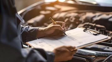 AI generated Automobile Repair Mechanic Inspecting a Car and Writing on Clipboard at a Garage, Generative AI photo