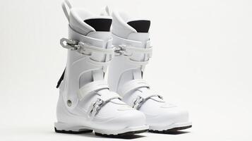 ai generado pico actuación, matar el pendientes con estos moderno blanco esquí botas en blanco fondo, generativo ai foto
