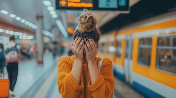 ai generado invisible dolor, abrumado y ansioso mujer a un concurrido tren estación, generativo ai foto