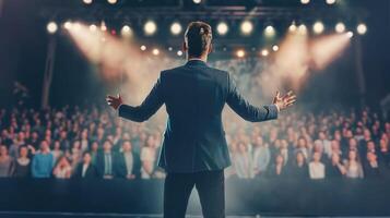 AI generated Fueling Growth, Motivational Businessman Speaker Standing on Stage in Front of Audience, Generative AI photo