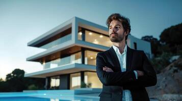 AI generated Find Your Forever Home, Expert Real Estate Agent Next to a Modern House for Sale, Generative AI photo