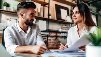 AI generated Efficiency at its Finest, Man and Woman Coworkers Collaborate on Documents in the Office, Generative AI photo