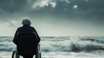 AI generated Natures Therapy, An Elderly Person in a Wheelchair Finding Peace by the Sea, Generative AI photo