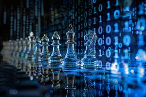 AI generated A row of glass chess pieces stand tall in front of a vibrant digital background, poised for battle in an alternate dimension. photo