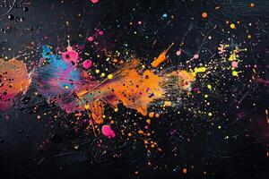 AI generated Abstract painting with colorful paint splattered on a black background, creating a vibrant and chaotic display of colors. photo