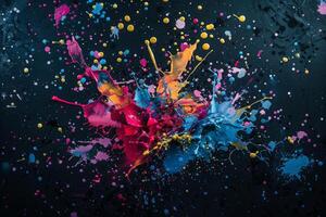 AI generated A vivid burst of colorful paint splatters contrasts artistically against a deep black background, creating a dynamic and visually striking composition. photo